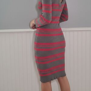 Elegant Gray and Pink Striped Long Sleeve Dress